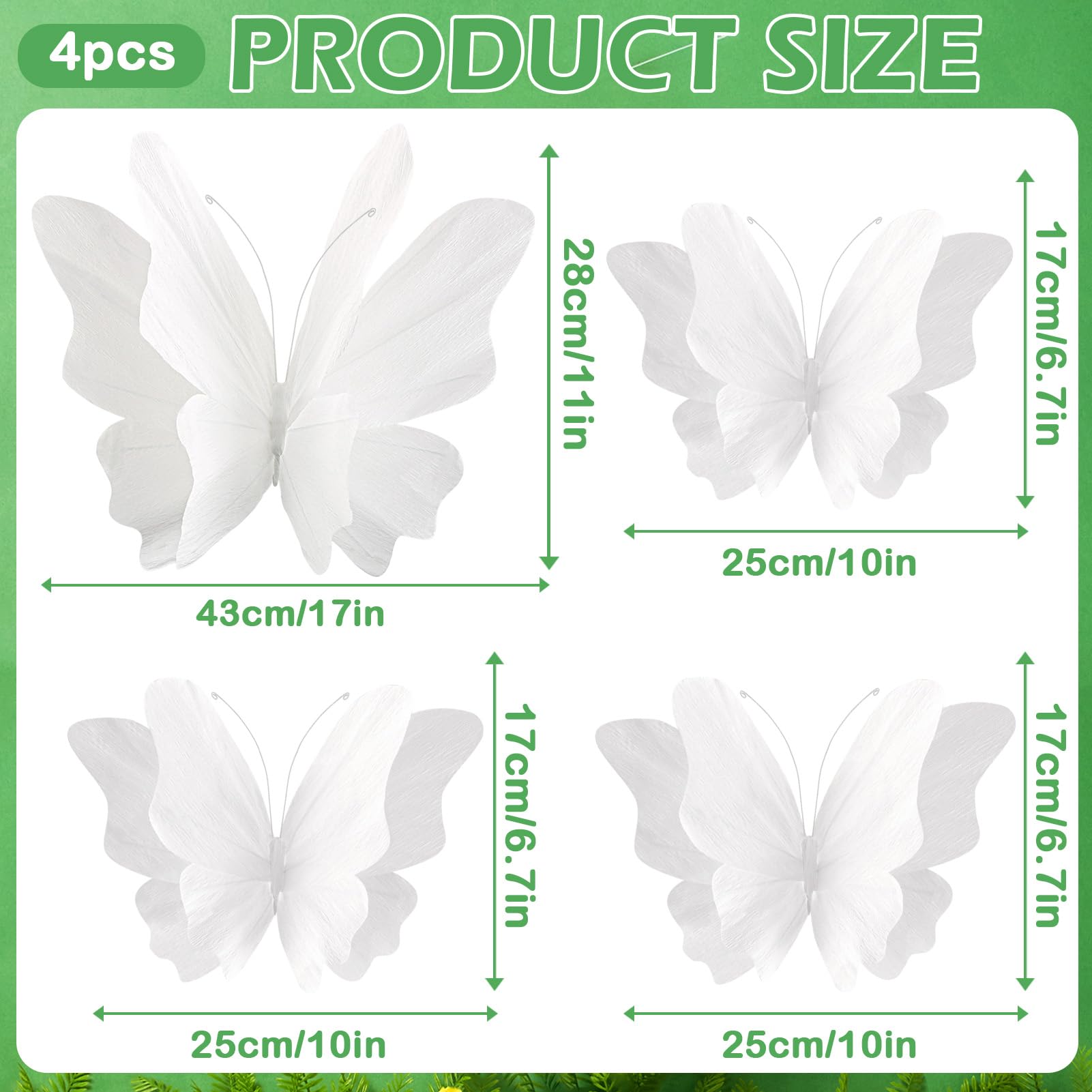 SUNBEAUTY Large Butterfly Party Decorations, 3D White Paper Butterflies Wedding Decoration, Hanging Butterflies for Baby Shower Decorations Girls, Women, Paper Flowers for Wall Decoration, Set of 4