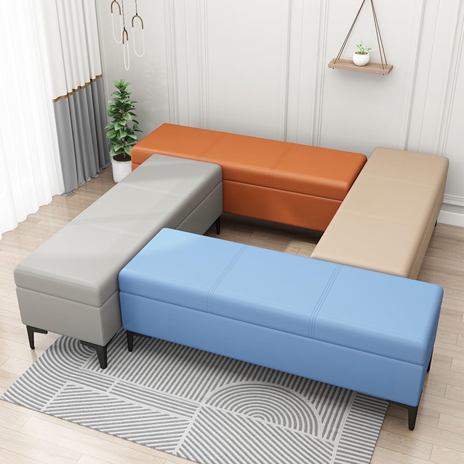 Bardzo długa szara ławka otomana ze stylowym tapicerowanym podnóżkiem - idealna do przedpokoju, sypialni, salonu - nowoczesny i elegancki design ze sztucznego futra
