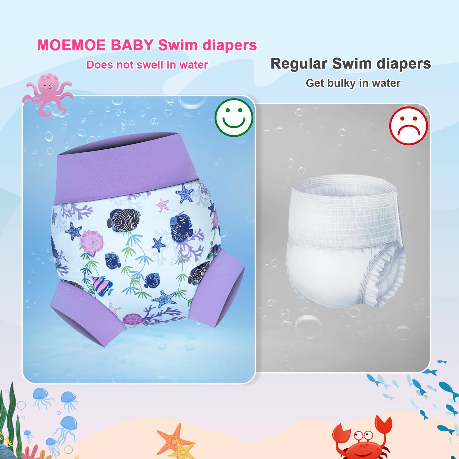 MOEMOE BABY Swim Nappy - Pañales de natación reutilizables, peces, algas marinas y estrella de mar, 5 años