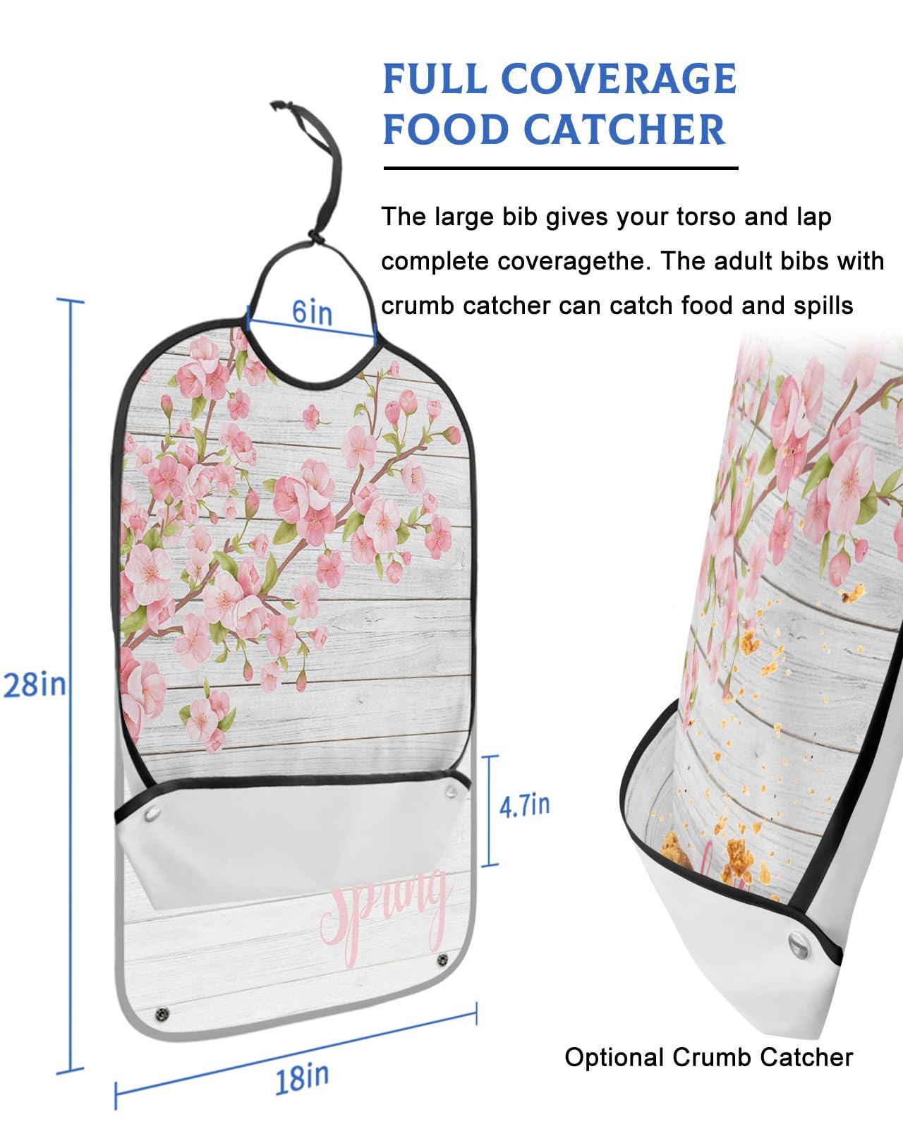 Spring Peach Blossom Adult Bibs for Eating, Waterproof Bibs with Food Catcher & Adjustable Snap Closure, Pink Peach Blossom Tree on Wood Washable Clothing Protectors Adult Bibs for Elderly Women/Men