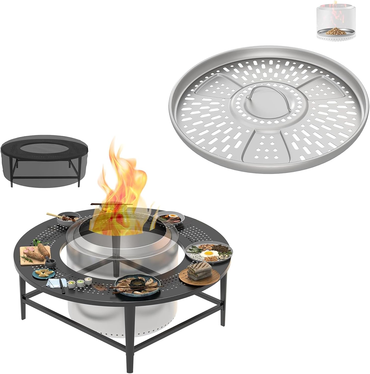 Pellet Adapter and Fire Pit Surround Tabletop for Solo Stove Bonfire, Tiki, 19.5 Inch Outdoor Smokeless Fire Pit Table for Wood Burning Fire Pits, Powder-Coated Steel Stove Table Surround with Cover