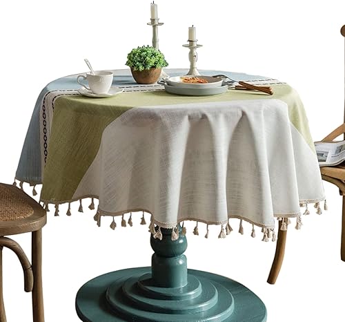 Mantel redondo rústico de lino de algodón a rayas con borlas, mantel resistente para mesa de cocina, comedor, decoración de Navidad (azul y verde,
