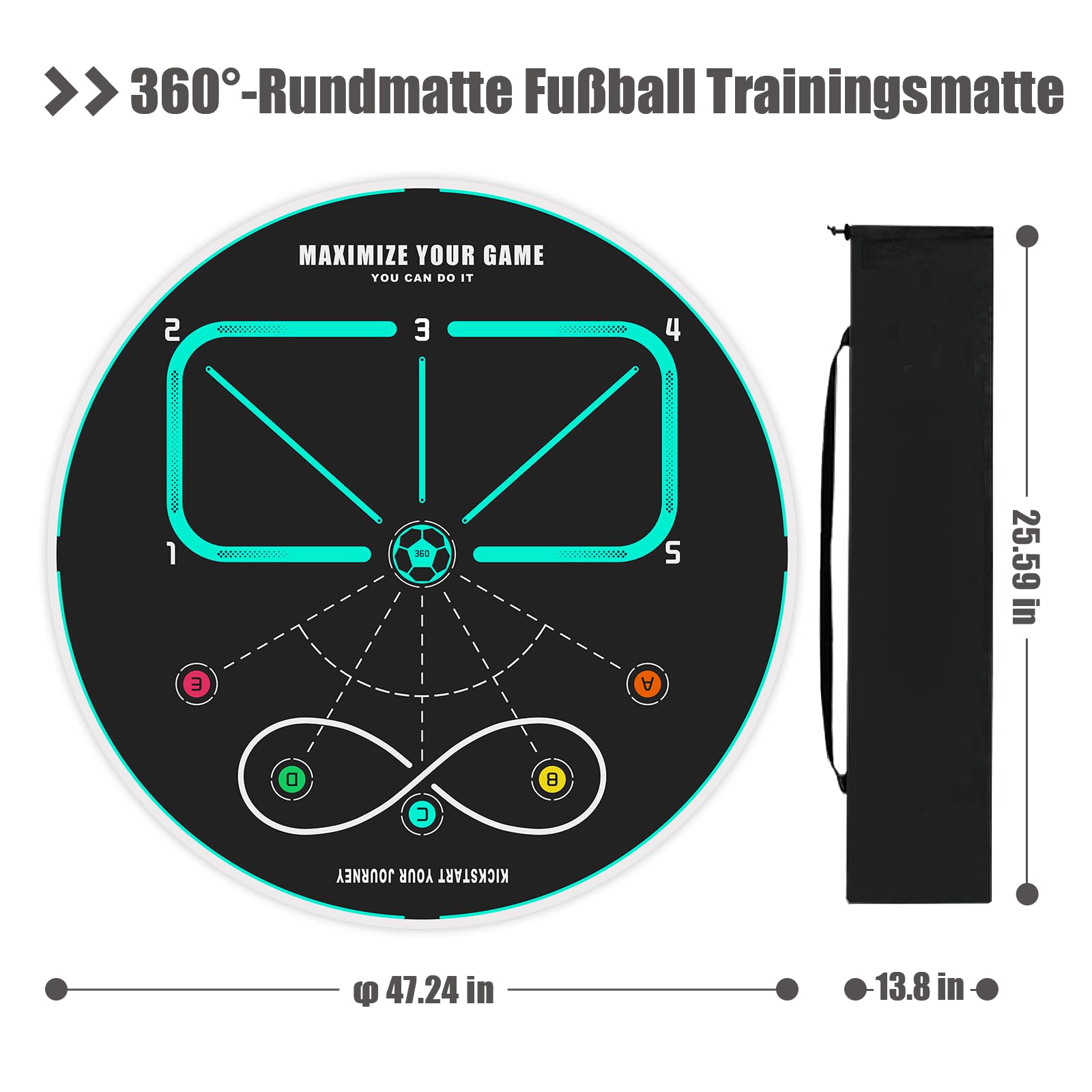360° Fußball Trainingsmatte Kinder & Erwachsene – Rutschfeste Geräuscharme Fußballmatte für Ballkontrolle, Koordination, Agility & Footwork Training, Fußball Trainer für Indoor & Outdoor