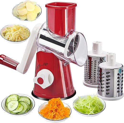 Vegetable Spiral Slicers Cheese Rotary Veggie Mandoline Slicer Chopper 3 Stainless Steel Round Graters Spiralizer BPA Free (Red)