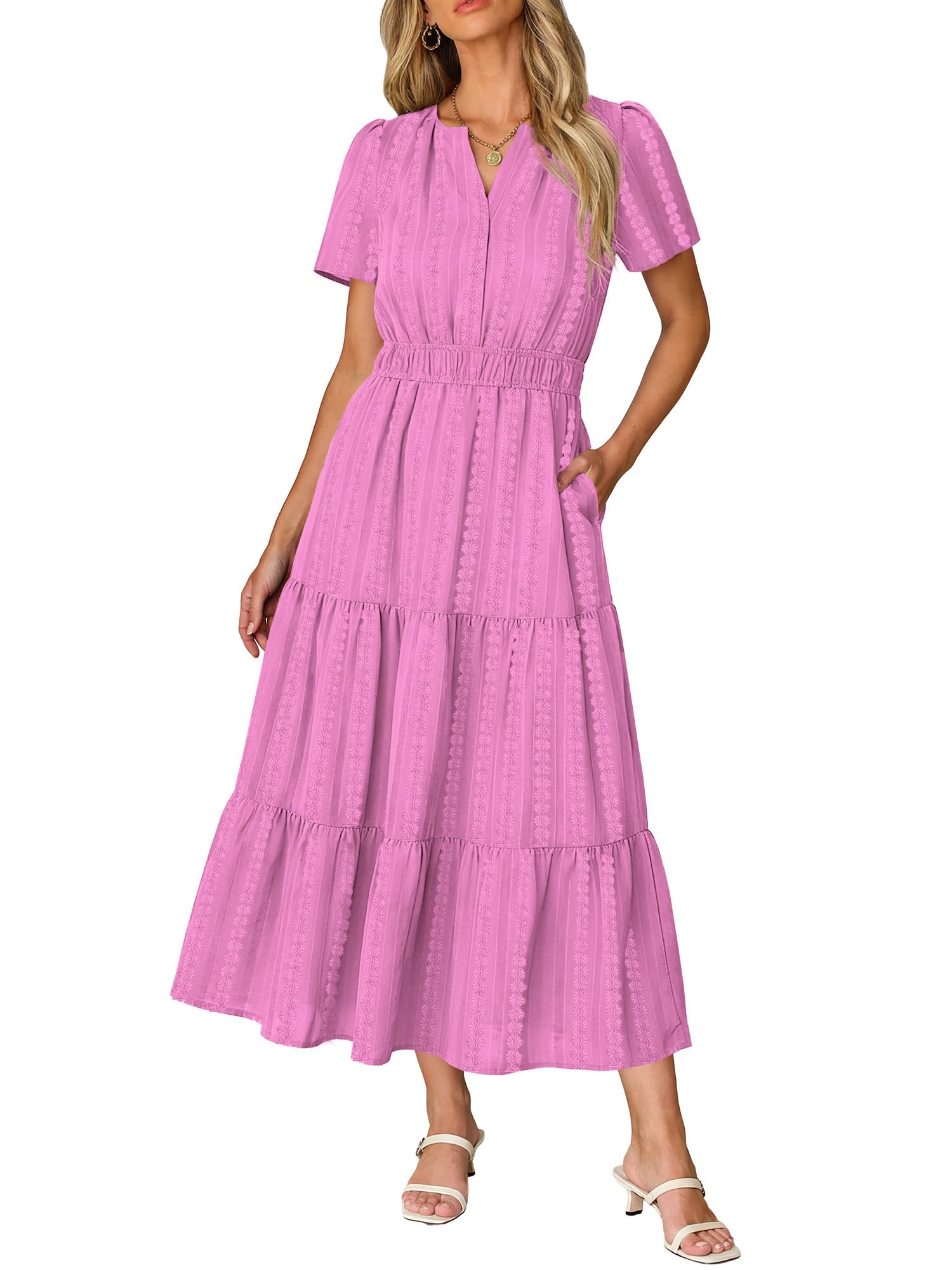 RUMIA Women Casual Midi Maxi Dresses Short Sleeve V Neck Elastic Waist Vacation Dress Pockets（S-2XL — view 6