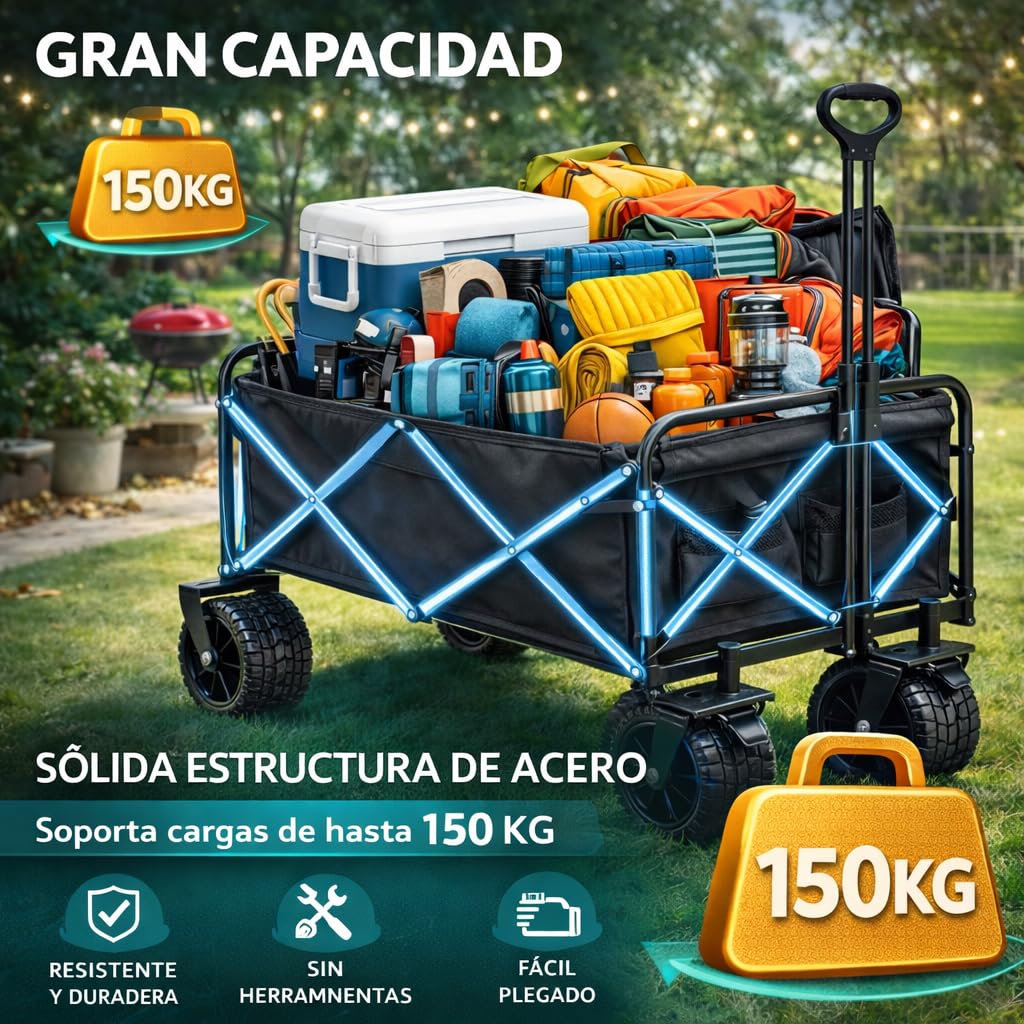 Carro de Mano Plegable con Ruedas Grandes Todoterreno | Carrito Multiusos Ideal Playa, Compra, Jardín o Camping | Carga hasta 150kg | Asa Ajustable | Auxiliar | Transporte de Herramientas o Juguetes — view 7
