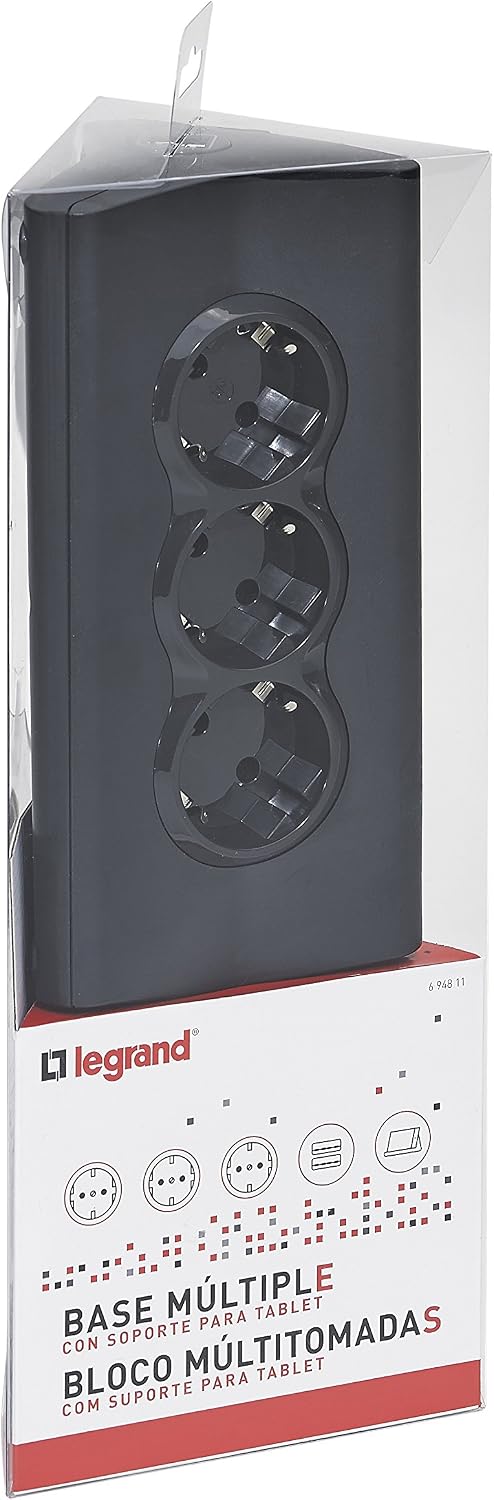 LEGRAND, 694811 3-Way Power Strip with Integrated Tablet / Mobile Phone / Smartphone Holder and 2-Port USB Charging Station for iPhone iPad Samsung Huawei On/Off Switch Extension Cable 1.5 m