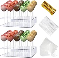 Dooiclear 2 Pack Clear Acrylic Cake Pop Stand Kit - 15 Holes Each, 100 Sticks, Wrappers & Gold Ties for Parties
