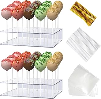 2 Pack Cake Pop Stand with Sticks Kit, Acrylic Lollipop Hold Stand, Clear Cake Pop Display Holder, 15 Holes Candy Pop Holder with 100 Pcs Sticks, 100 Pcs Clear Wrappers, 100 Pcs Gold Twist Ties