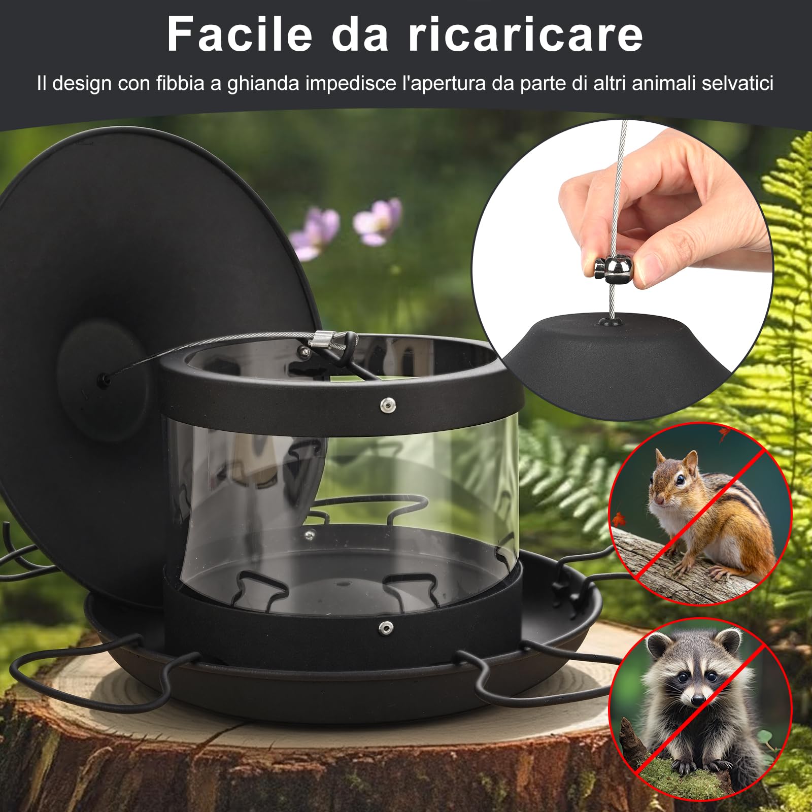 Glovios Comedero Colgante para Pájaros,Comedero Pajaros Exterior 1.8L,Comederos para Pajaros, Comedero Pajaros,Garden,Balcón y jardín, Educación al Aire Libre, Pico, Alimentación de Aves,Negro - 5