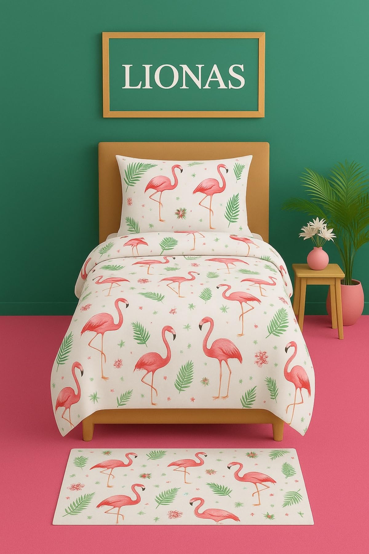 Ezgi Tek Kişilik Desenli Nevresim Takımı, Flamingo Desenli, 155 x 230 cm, Pudra, Kapaklı Yastık Kılıfı Dahil