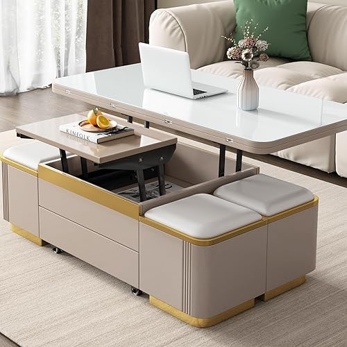 Guyii Modern Lift Top Coffee Table with 4 Storage Stools, Extendable Coffee Table with Wheels, 3-in-1 Multifunctional Center Table, Space Saving Folding Dining Table for Living Room, Easy Assembly