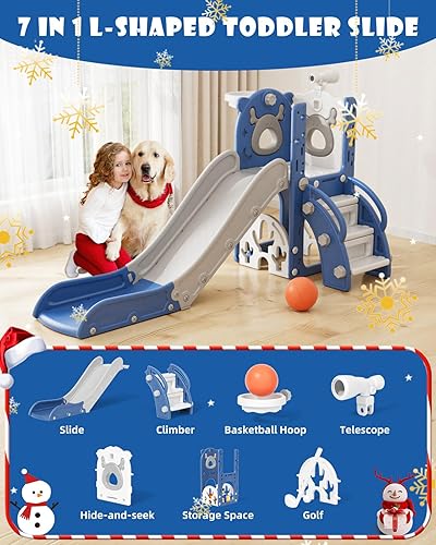 Miniatura 2 de XJD Tobogán 7 en 1 para niños pequeños, tobogán de interior para niños de 12 a 36 meses, nueva actualización con golf, aro de baloncesto para juegos