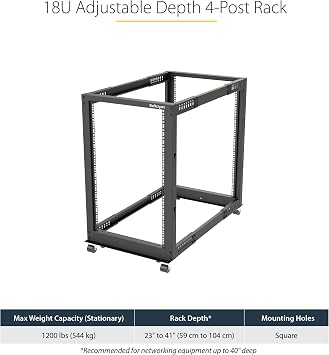 4-Post 18U Mobile Open Frame Server Rack, 19in Network Rack with Wheels, Rolling Rack for Computer/AV/Data/IT Equipment - Casters, Leveling Feet or Floor Mounting (4POSTRACK18U)