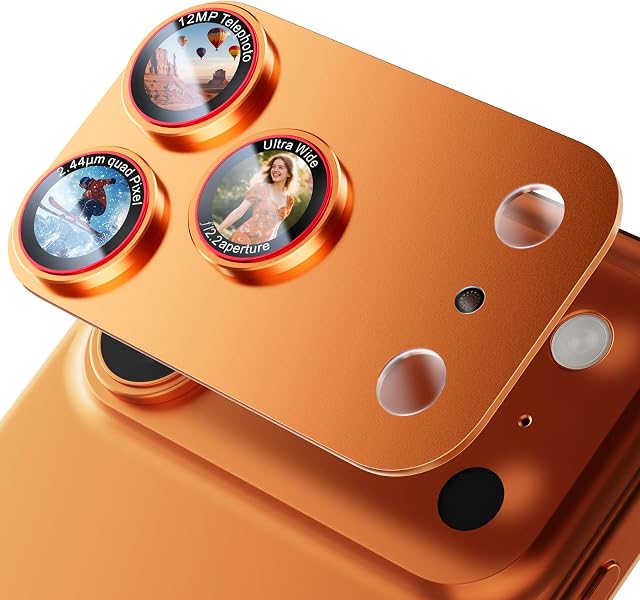 X-it for iPhone 17 Pro Camera Lens Protector, 9H Military Grade High-Alumina Tempered Glass Cover, Shatterproof with Strong Adhesion, Case Friendly & 1:1 Perfect Fit Camera Protector (Orange)
