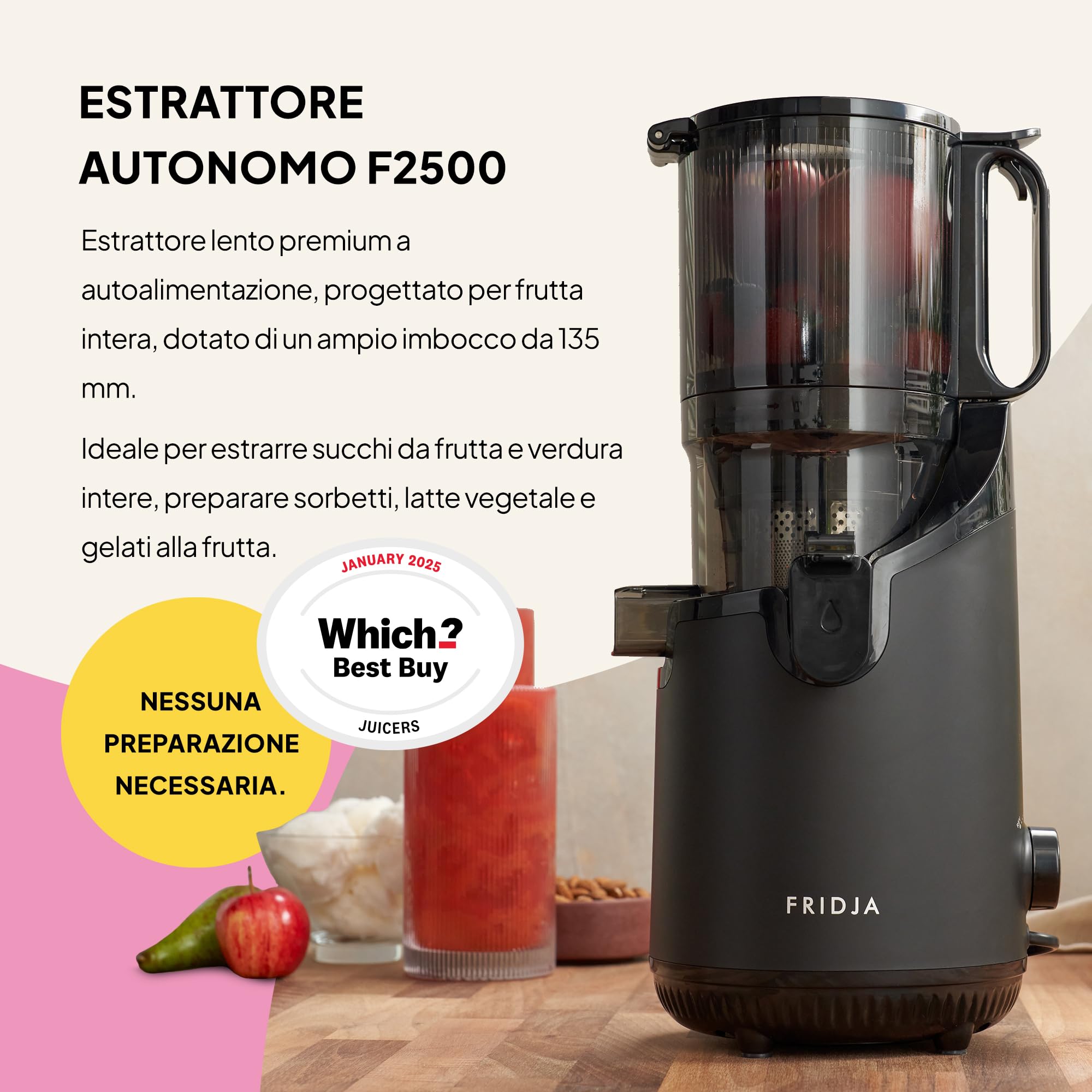 Fridja f2500 Estrattore di Succo ad Alimentazione Automatica | Bocca di Carico 135mm Frutta Intera | Estrattore a Freddo 250W | Alta Resa | Facile da Pulire | Senza BPA | Nero Opaco
