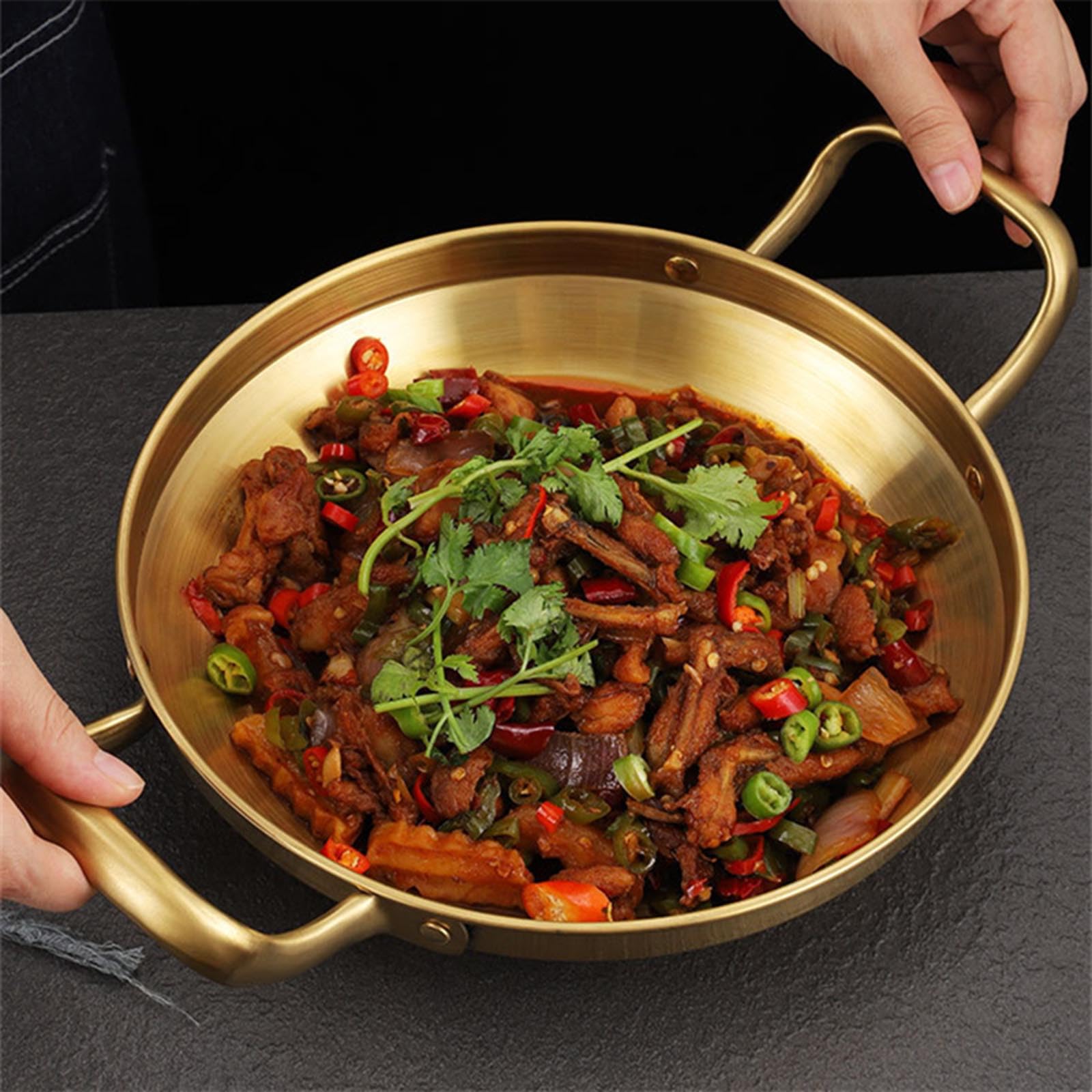 Paella de Acero Inoxidable, Olla de arroz para mariscos, Cocina casera, Platos de Aperitivos para Picnic, Utensilios de Cocina, Cacerola, ollas secas con asa para Cocina,Oro,28cm