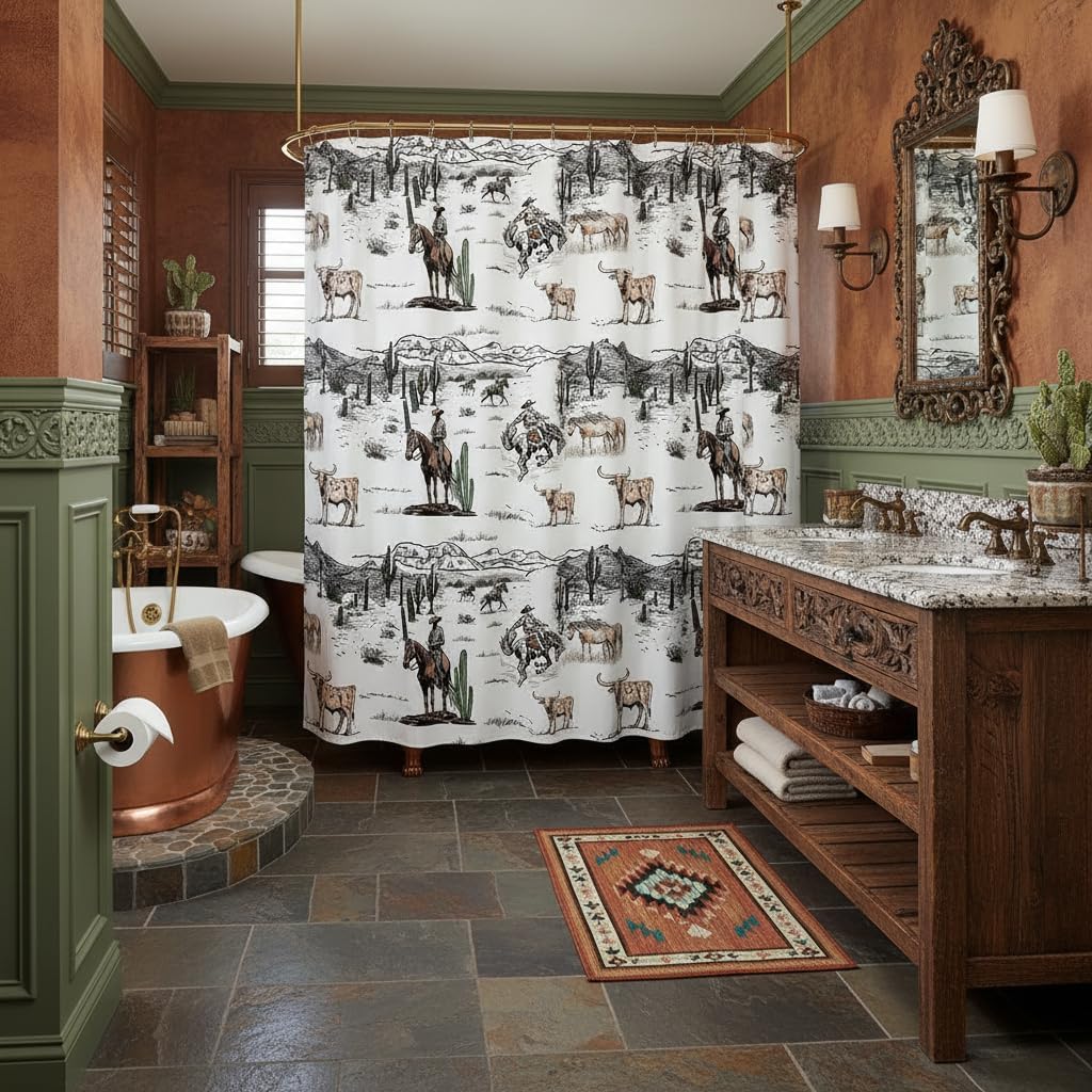 Western Cowboy Shower Curtain,Vintage Southwest Style Waterproof Curtain Desert Cactus Cow Horse Animals Bathroom Curtain for Kids Boys Girls Adult Room Decor,Grey Brown White Bath Curtain,72"Wx84"L