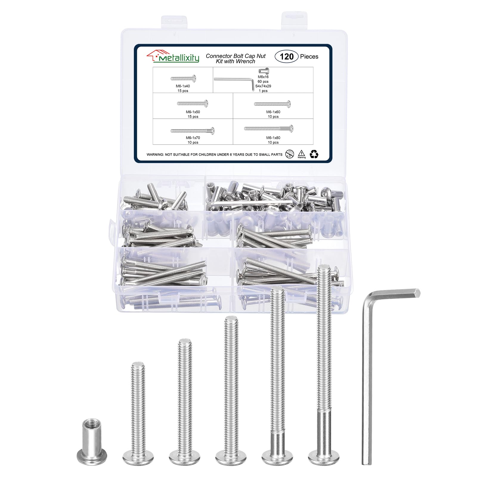 METALLIXITY Furniture Connector Bolt Cap Nut Kit with Wrench(M6-1x40/50/60/70/80mm) 120Pcs