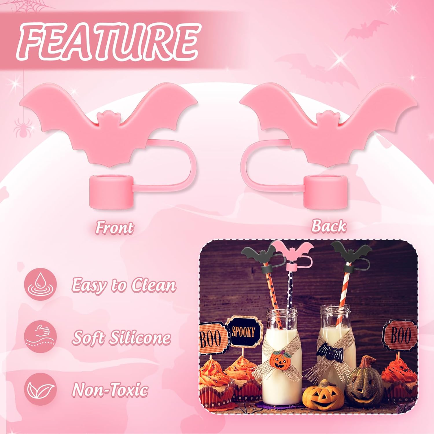JarThenaAMCS 6Pcs Halloween Bat Silicone Straw Covers Pink Black Bat Portable Drinking Straw Tips Cover Reusable Straw Protector Topper for 0.4in Straws, Cup Accessories - Image 3