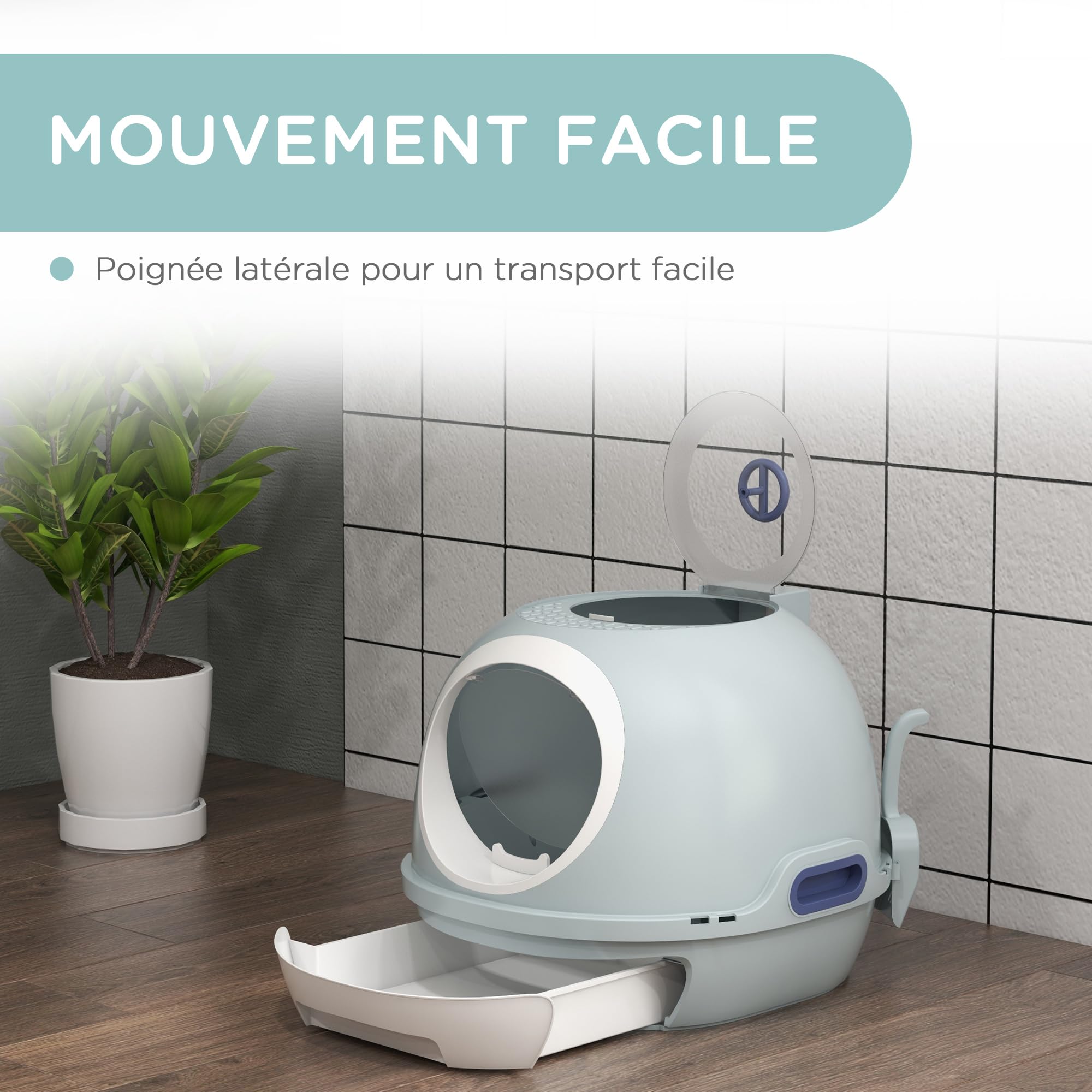 PawHut Bac à litière pour Chat Maison de Toilette Portable pour Chat tiroir à litière Coulissant Porte battante Lucarne + Pelle fournis dim. 47L x 55l x 44H cm Bleu
