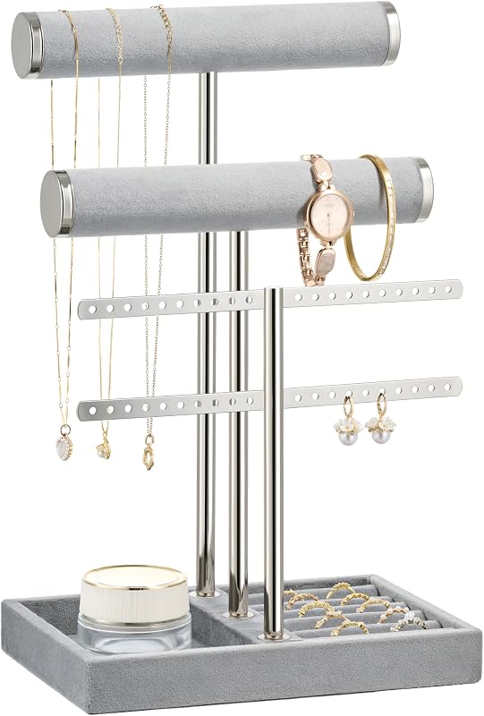 Jewelry Organizer Stand for Necklaces, Bracelets, Earrings, Rings, Grey | 3 Tier Velvet Bracelet Holder Display | Jewelry Organizers and Storage | Jewelry Tree | Jewelry Towers
