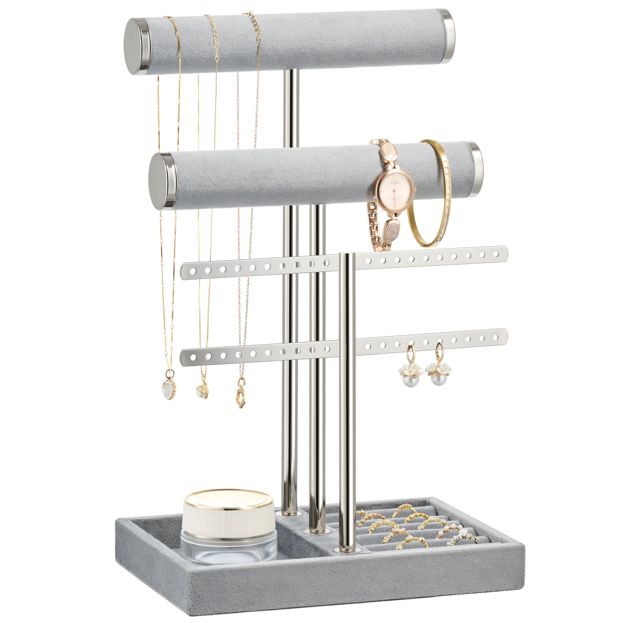 Jewelry Organizer Stand for Necklaces, Bracelets, Earrings, Rings, Grey