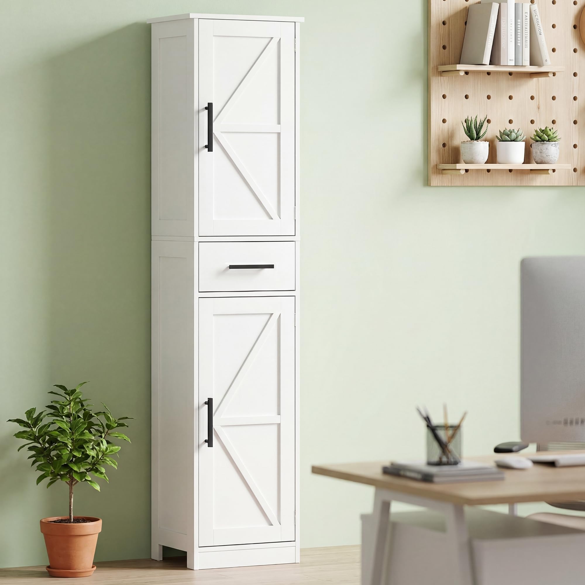 HOMCOM Armario Alto de Baño Estrecho con 2 Puertas 1 Cajón y 2 Estantes Ajustables Columna de Baño Estilo Rústico para Salón Aseo Cocina 40x30x170 cm Blanco