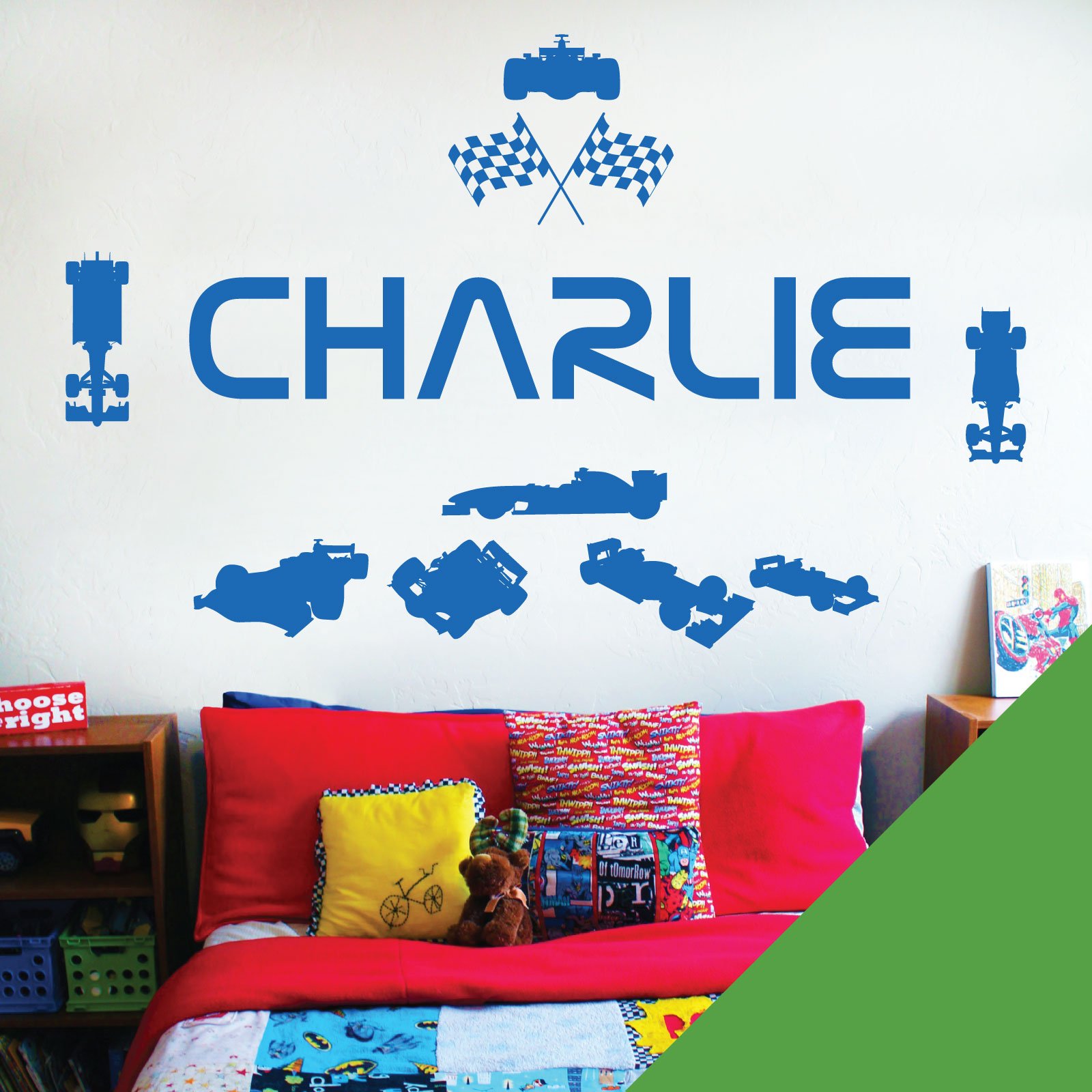 Personalised Name Children Wall Art Sticker - Racing Driver Formula 1 Cars Sport [Medium] [Grass]