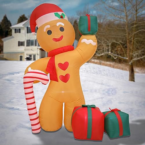 Miniatura 2 de National Tree Company First Traditions - Hombre de jengibre inflable festivo con sombrero, bastón de caramelo, regalos, decoración de césped