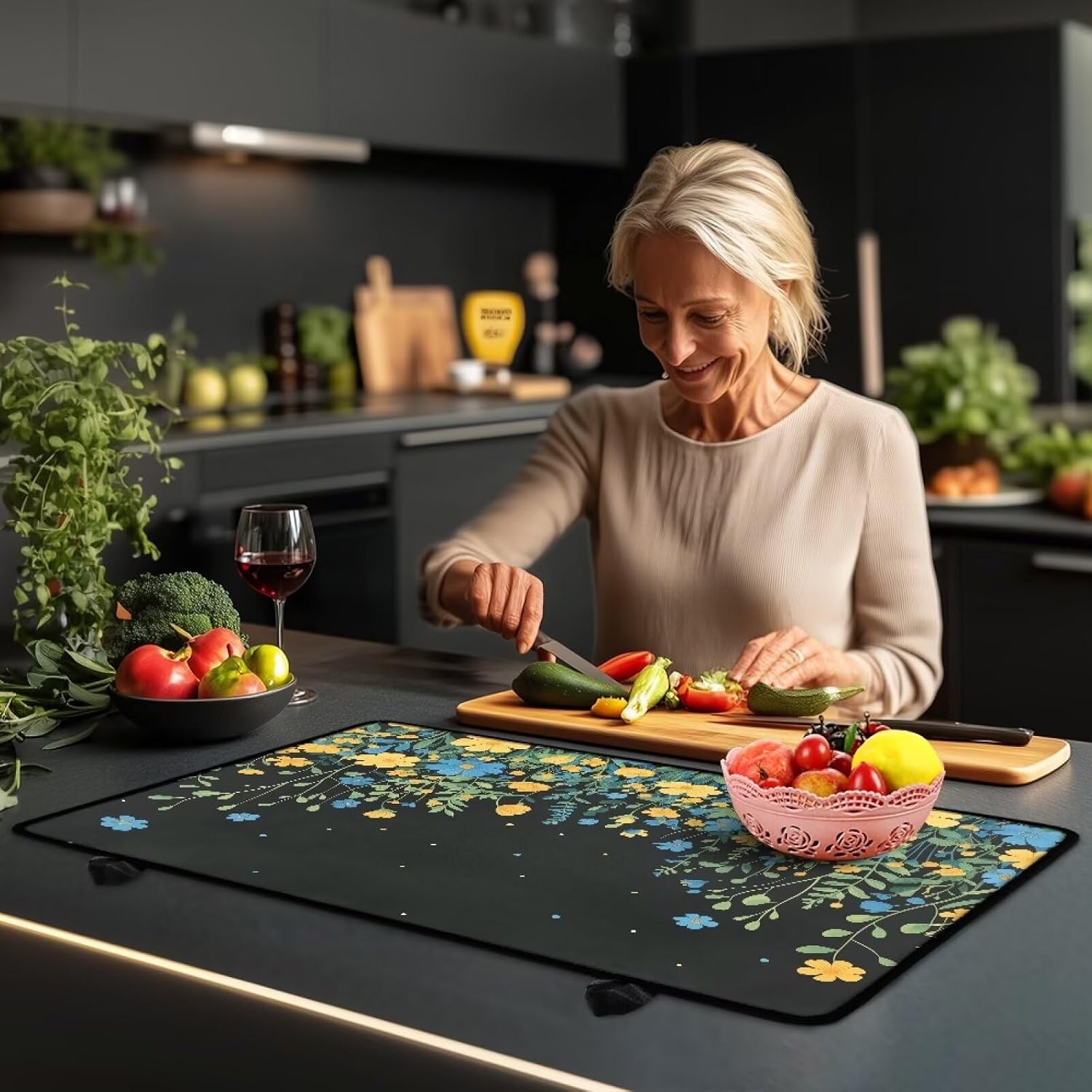 Stove Top Cover for Electric Stove, Floral Heat-Resistant Silicone Stove Top Cover, Anti-Slip Mat for Glass Stove Top Protector Dish Drying Pad Cooktop Cover
