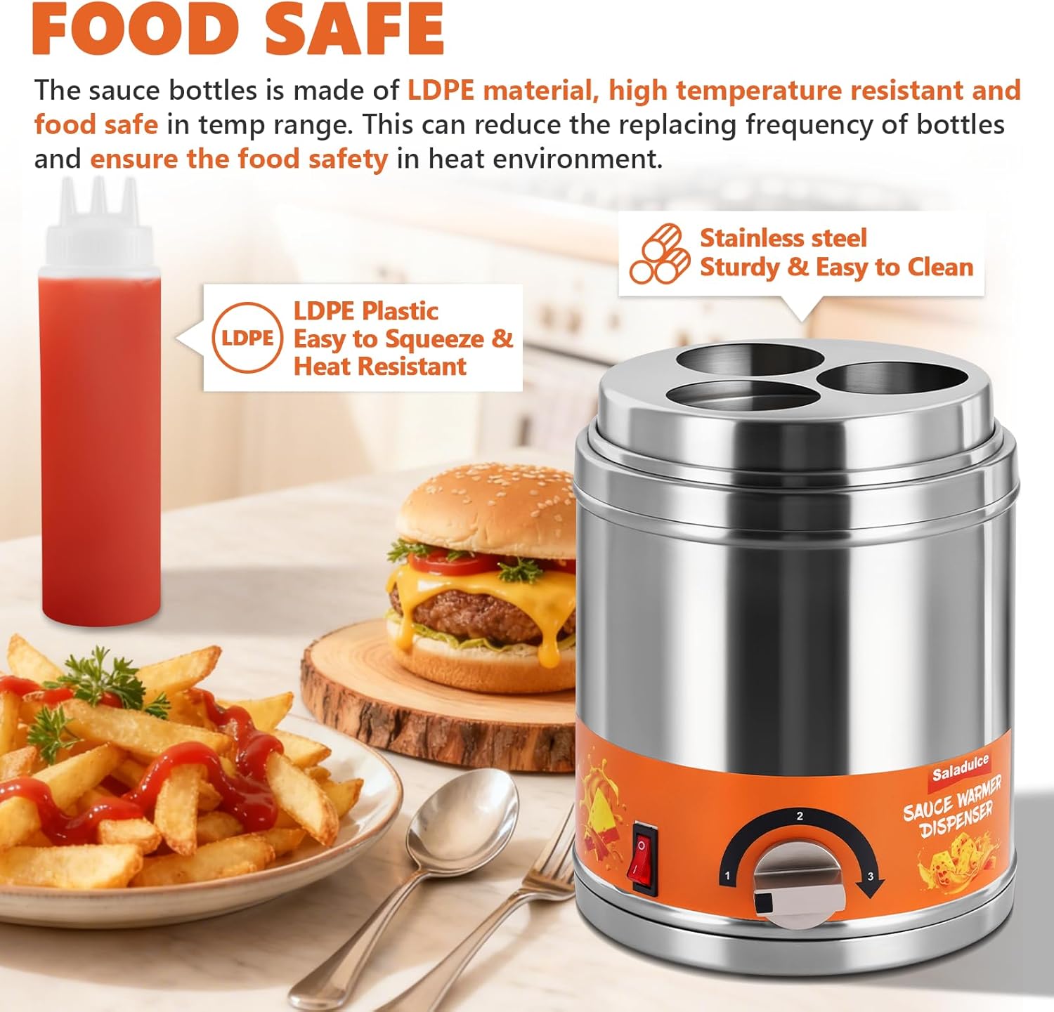 Electric Sauce Warmer Dispenser Commercial Cheese Sauce Bottles Warmer Hot Fudge Warmer Dispenser 3-Bottles Warmer for Cheese Sauce Hot Chocolate Fudge Caramel 86-185℉ 110V