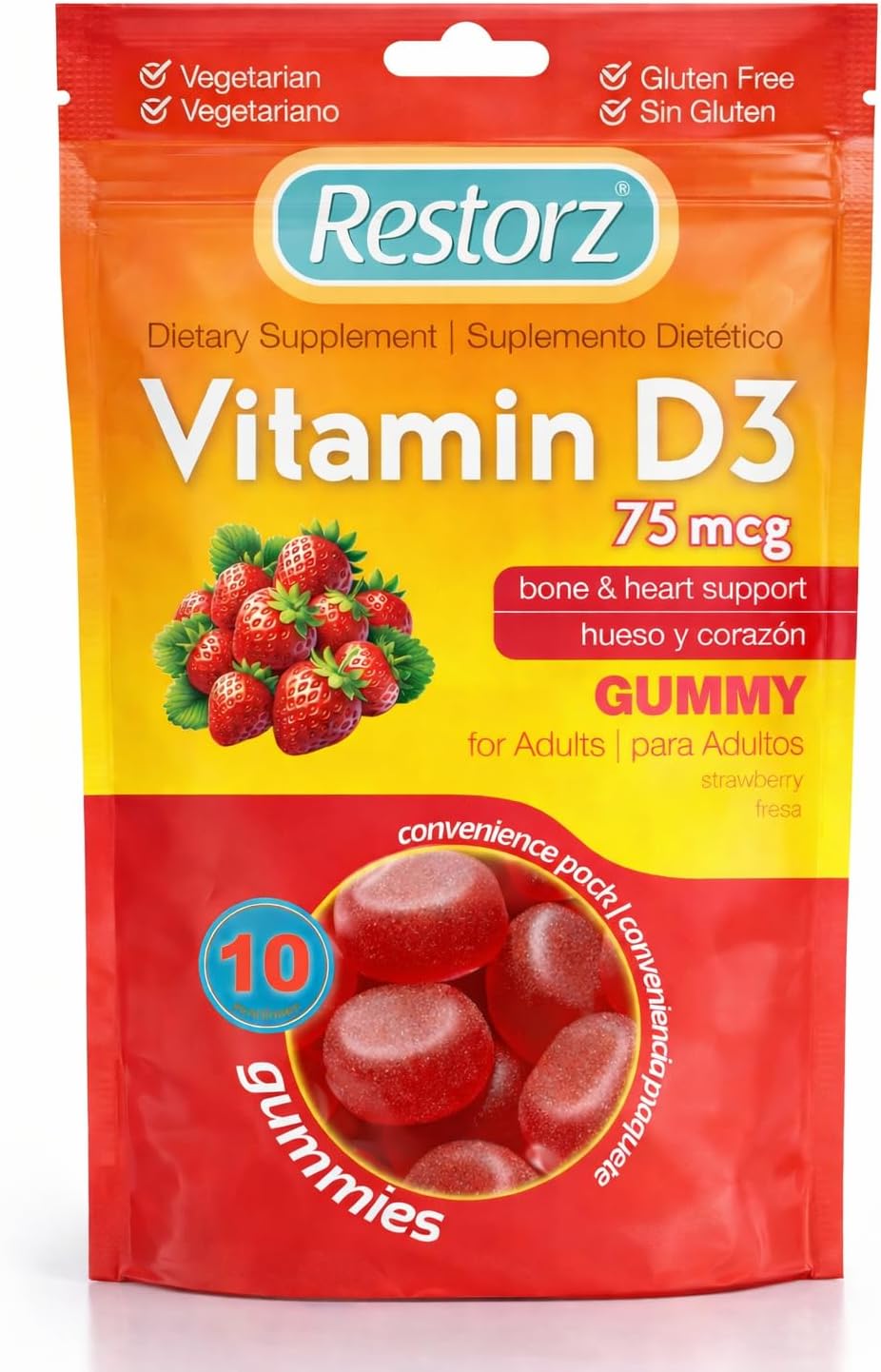 Restorz Vitamin D3 Gummies (120 Total, 12-Pack, 10 Per Pouch) - Flavorful Peach, Mango & Strawberry Wellness Chews/Heart & Bone Support/Vegan & Gluten Free/Soft Tasty Chewables for Adults & Kids