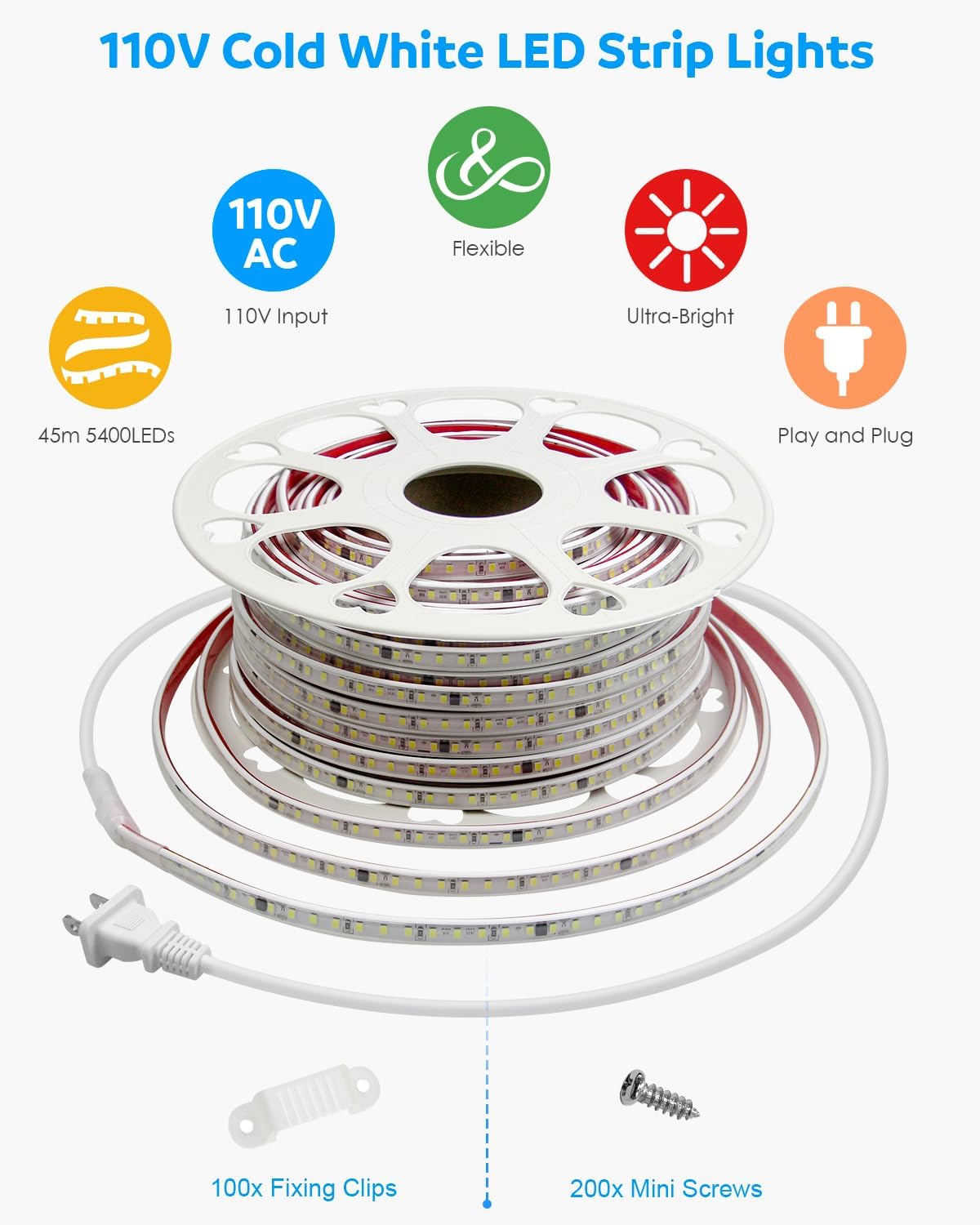 Aclorol 45M Outdoor Led Strip Lights Waterproof 150FT AC 110V-130V Flexible LED Rope Lights Outdoor Cool White 6000K Cuttable LED Lights String for Garden Patio Indoor Decorative Lighting 120LEDs/M