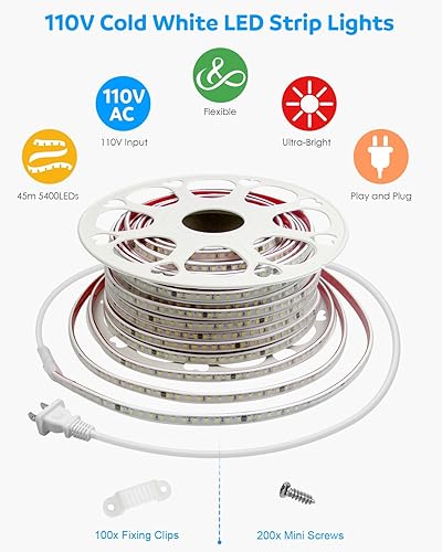Miniatura 2 de Aclorol Tira de luces LED para exteriores de 147.6 ft, impermeable, 150 pies, CA, 110 V-130 V, flexible, luces LED para exteriores, color blanco