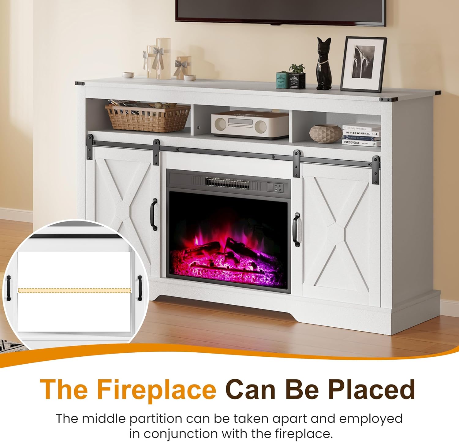 Farmhouse TV Stand for 23" Fireplace, Rustic TV Console with Sliding Bar Door for Living Room, 34'' Tall Entertainment Center for 65+ Inch TV, White