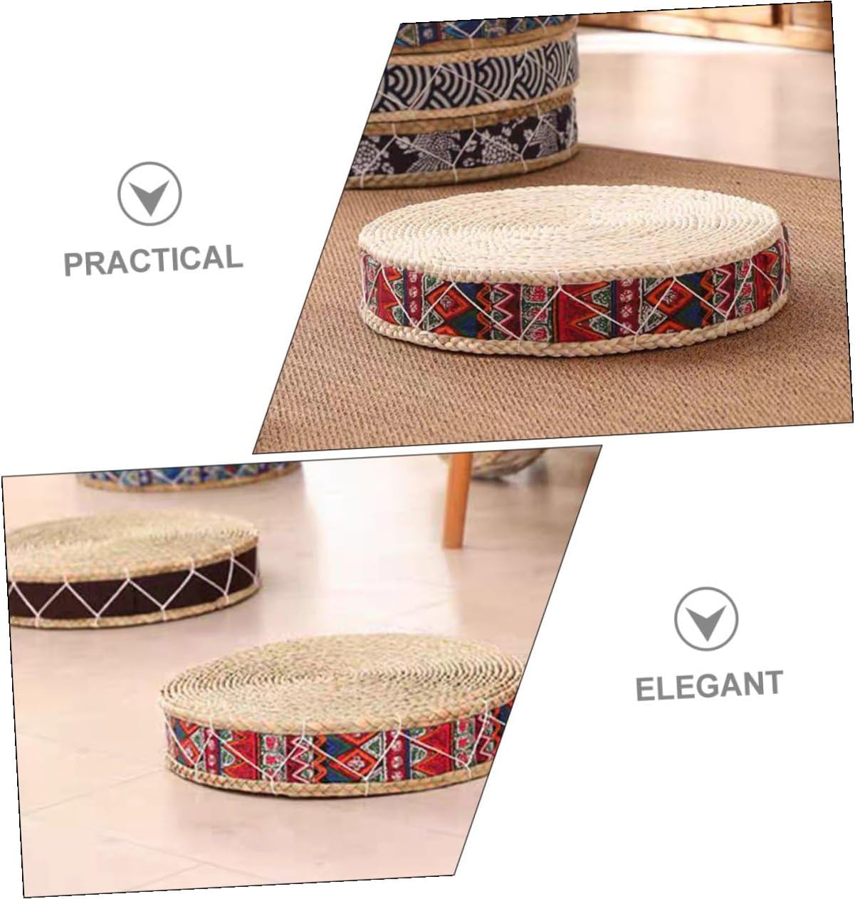 Woven Meditation Floor Pillow Boho Japanese Style Handmade Seat Cushion 30cm Diameter Eco-Friendly Grass Material Zen Cushion for Yoga and Floor Seating