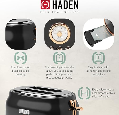 Miniatura 4 de Haden Dorset - Tostadora de acero inoxidable de 2 rebanadas de ranura ancha con control de tostado ajustable y pies antideslizantes, color negro y
