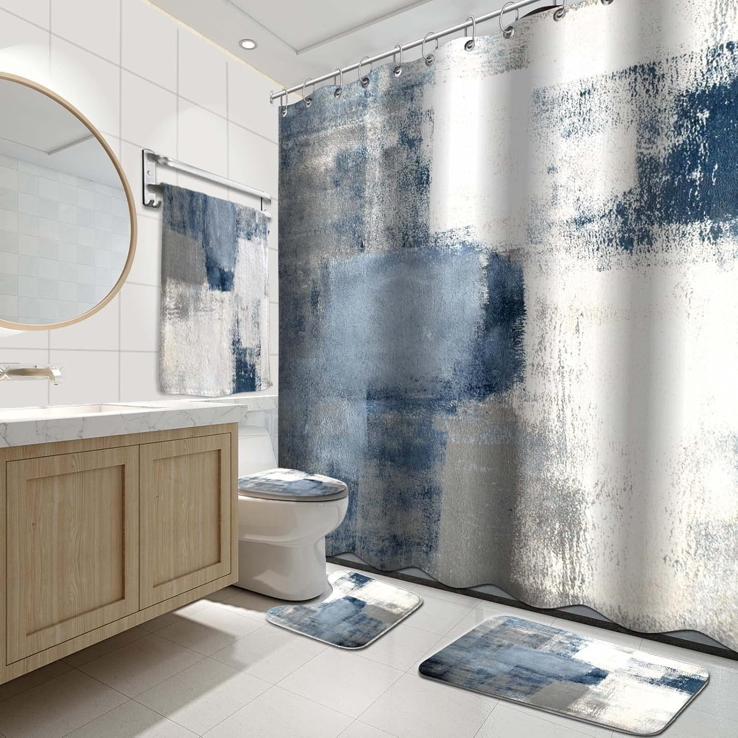 Lnond 5Pcs Bathroom Sets with Shower Curtain and Rugs and