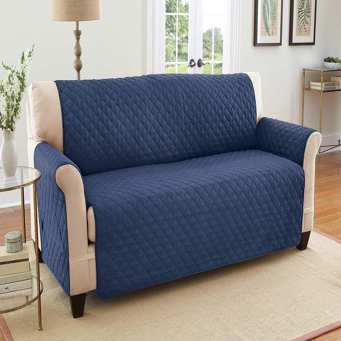 Collections Etc Reversible Spill Resistant Quilted Furniture Protector Cover with Ties - Covers Seat Bottom, Seat Back and 2 Seat Arms, Navy/Blue, Loveseat