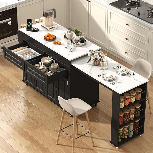 80"-48" Extendable Kitchen Island with Extended Dining Table and Power