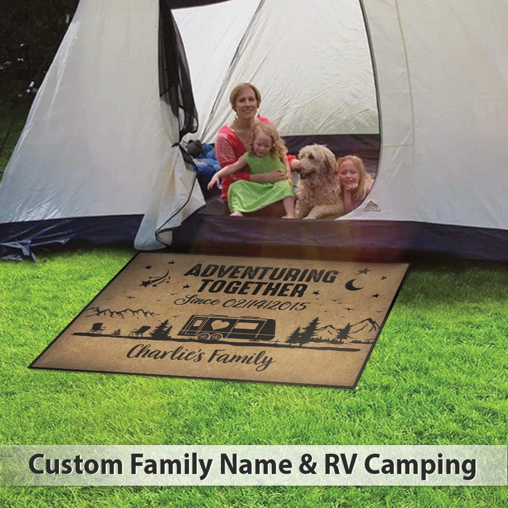 Personalized Camping Doormat - Adventuring Together Since Couple Outdoor RV Camper Mat - Custom Name RV Camping Accessories for Travel - Funny Doormat Entry Trailver Rug Gift
