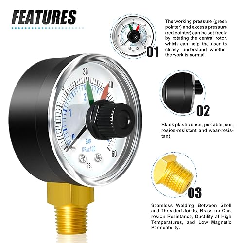Miniatura 5 de MEANLIN MEASURE Caja de manómetro de 0-60Psi con dial para seleccionar filtro NPT de 14 pulgadas, precisión de 3-2-3%, montaje inferior, con 14 "x