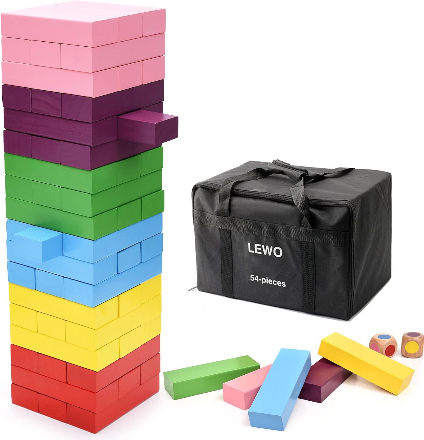 Lewo Wooden Giant Stacking Games Hardwood Blocks Tumble Tower Building Toys 54 Pieces with Storage Bag