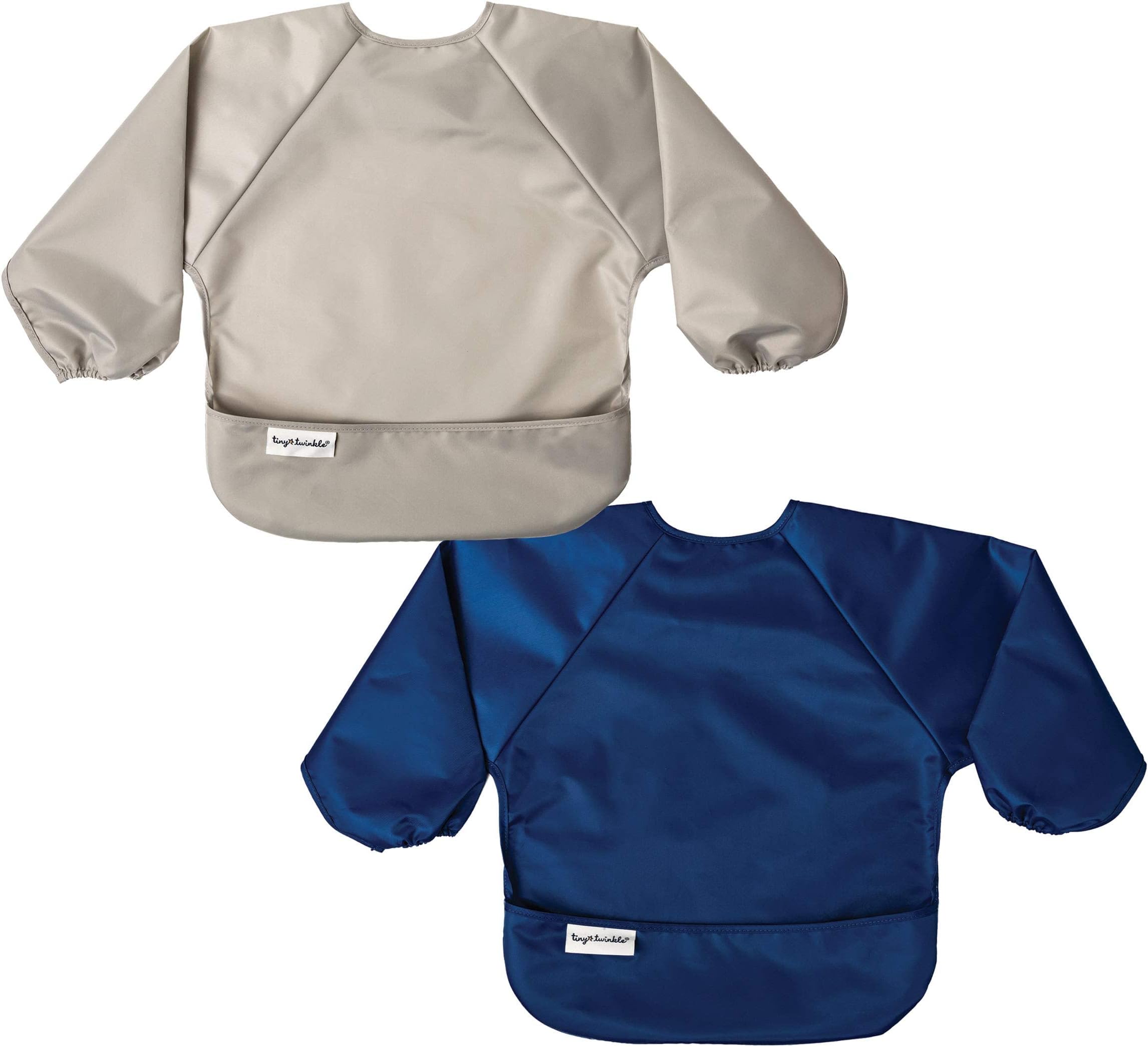 Tiny Twinkle Mess Proof Baby Bib, 2 Pack Full Sleeve Bib Outfit, Waterproof Bibs for Toddlers, Machine Washable, Tug Proof Closure, Baby Smock for Eating, Long Sleeve (Grey Indigo, Small 6-24 Months)