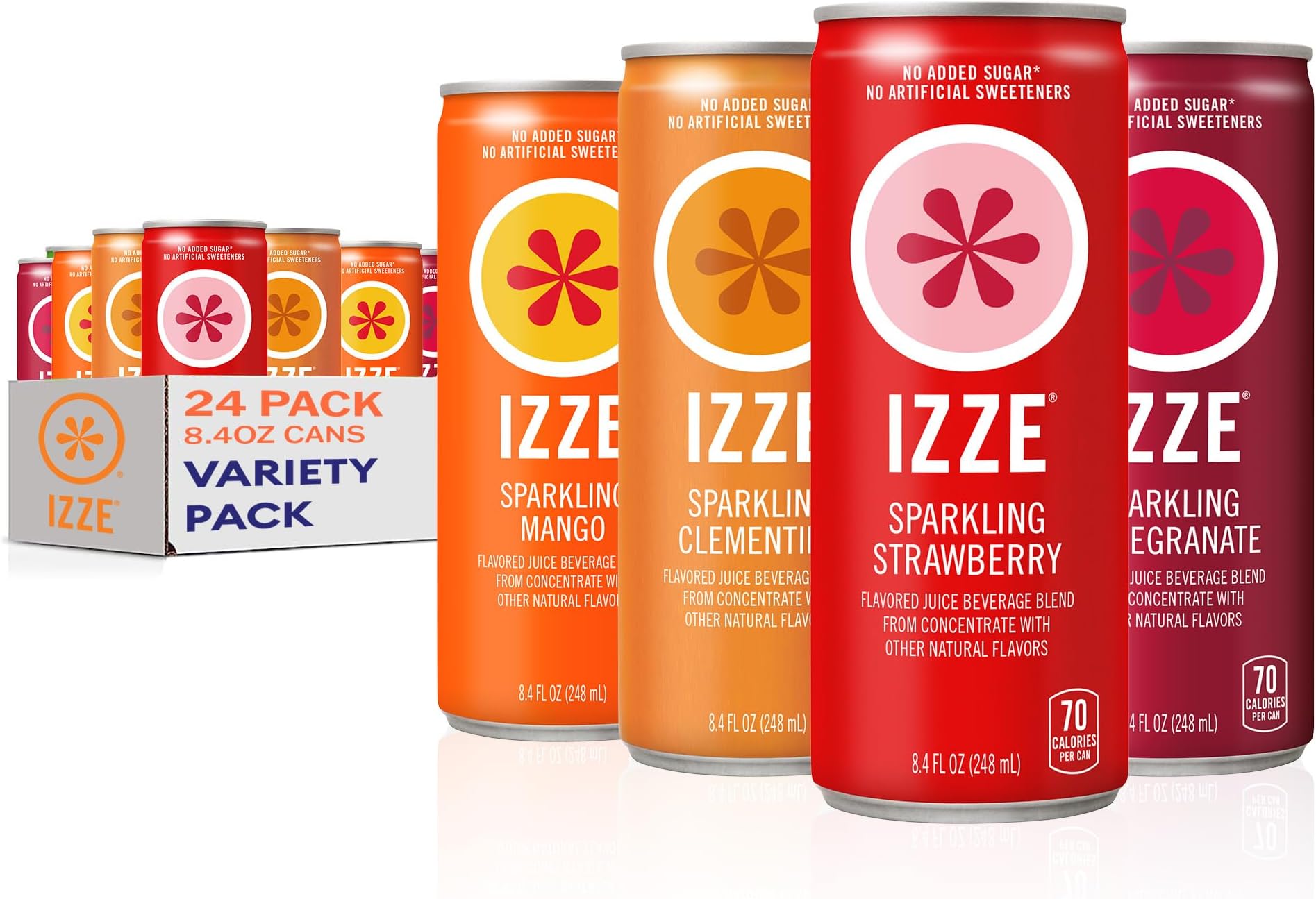IZZE Sparkling Water Juice Beverage Blend, Dawn Variety Pack, Mango, Clementine, Strawberry, Pomegranate, No Sugar Added, 8.4 FL OZ, 24 Cans