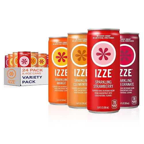 IZZE Sparkling Water Juice Beverage Blend, Dawn Variety Pack, Mango, Clementine, Strawberry, Pomegranate, No Sugar Added, 8.4 FL OZ, 24 Cans
