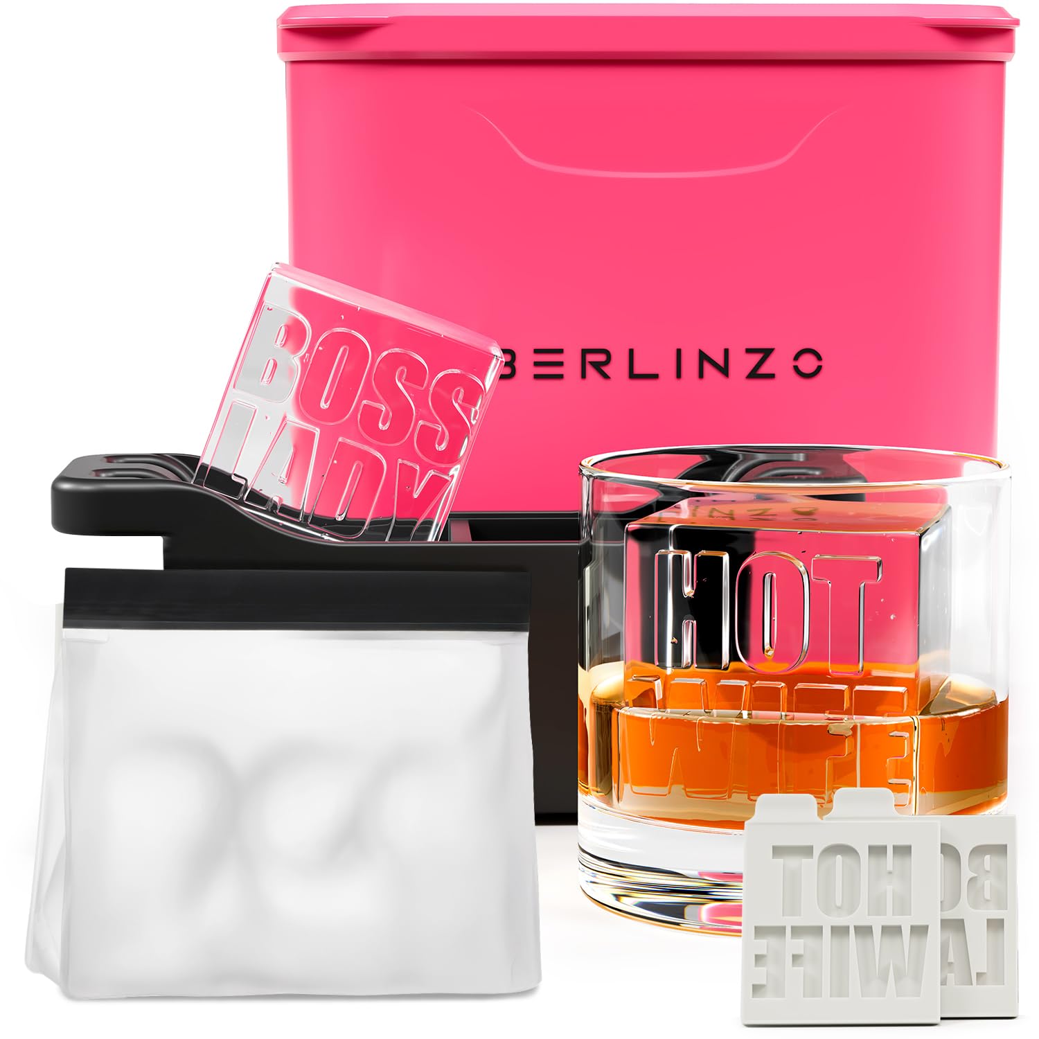 Berlinzo Premium Clear Ice Cube Maker with Conversation Ice Prints – 2 Large 2.1" Crystal Clear Ice Squares – Giftable Idea for Party, Game Night & Just for Fun – Includes Storage Bag (Non-Electric)