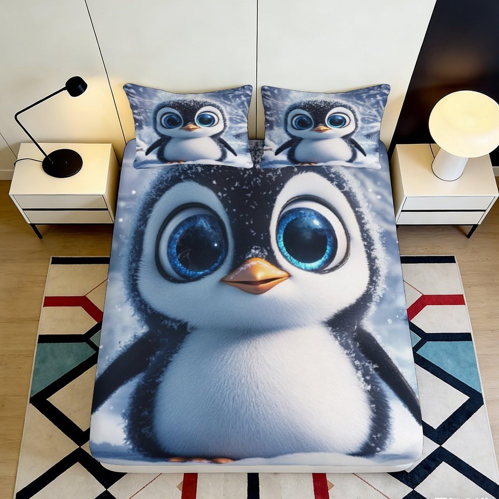 3D Printed Cute Penguin Fitted Sheet Microfiber Soft Blue Eyes Cartoon Mattress Cover for Bedroom Dorm Decor 120x200x25cm