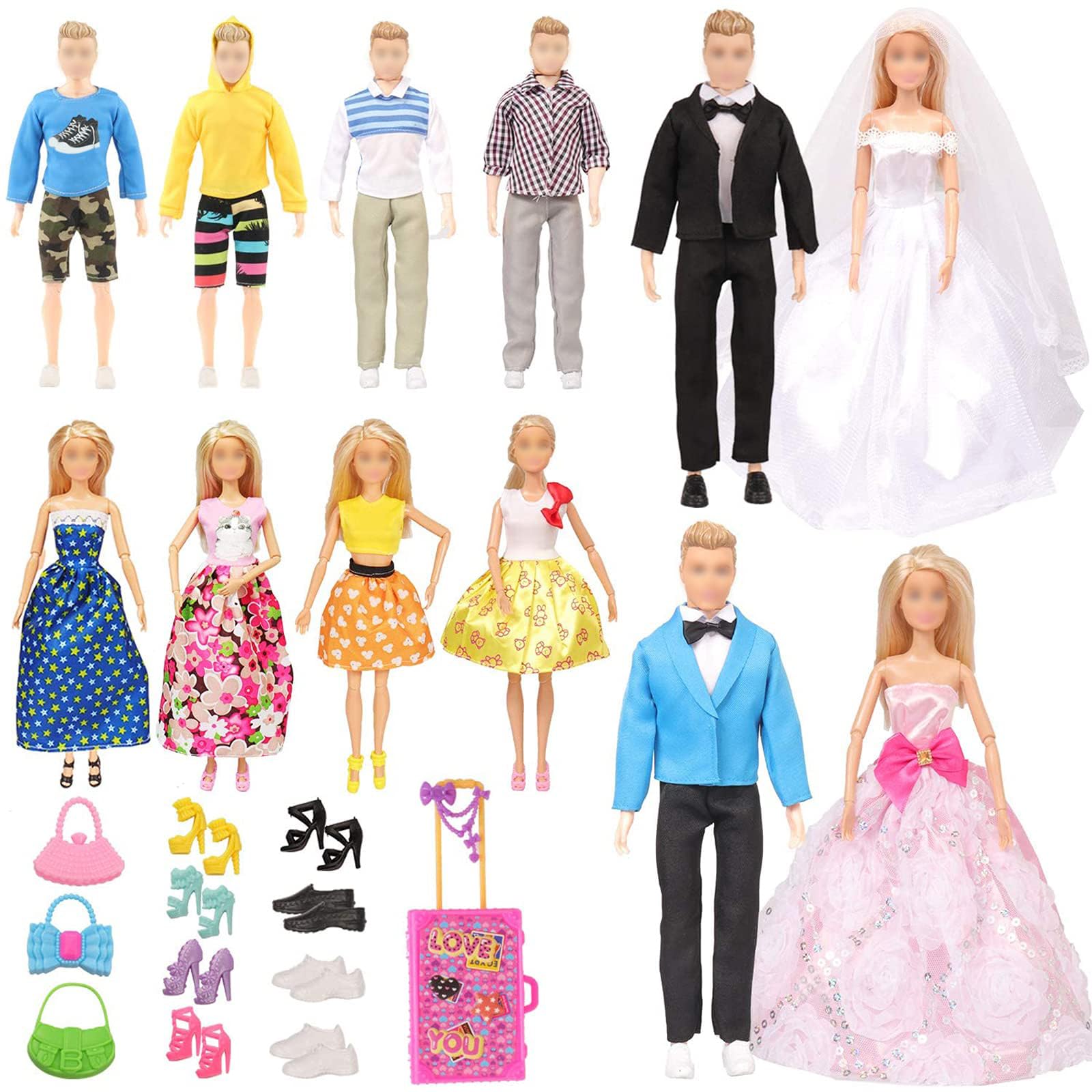 SOTOGO 33 Pieces Doll Clothes Set Include 12 Set Doll Groom Suit, Wedding Dress, Casual Wearing Clothes with Accessories and 8 Pair Shoes for Barbie and Ken Dolls